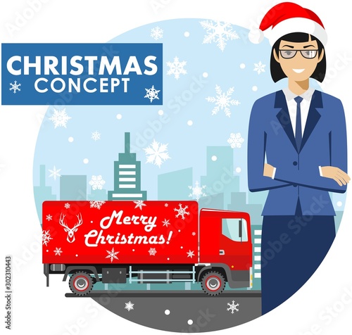 Christmas and New Year business concept. Detailed illustration of young businesswoman in the Santa Claus hat on background with red delivery truck and cityscape in flat style. Vector illustration.