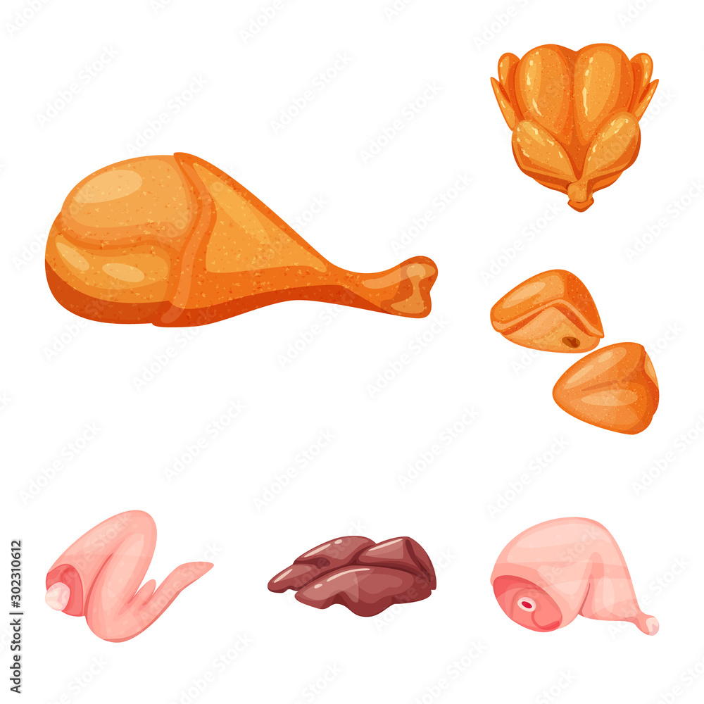 Vector illustration of meat and raw sign. Collection of meat and grilled stock vector illustration.