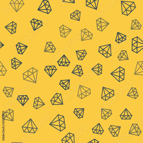 Blue line Diamond icon isolated seamless pattern on yellow background. Jewelry symbol. Gem stone. Vector Illustration