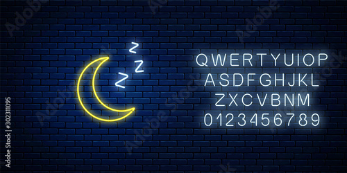 Glowing neon sleepy moon icon with zzz symbol with alphabet. Sleeping crescent in neon style to weather forecast