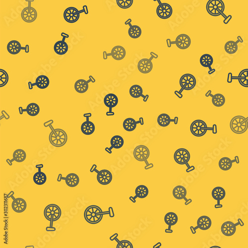 Blue line Unicycle or one wheel bicycle icon isolated seamless pattern on yellow background. Monowheel bicycle. Vector Illustration