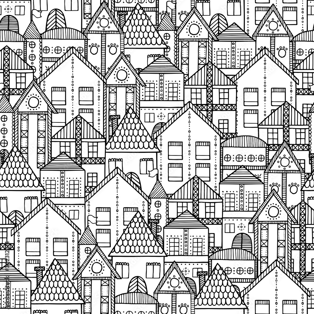 Cartoon hand-drawn vintage town seamless pattern. Vector illustration.