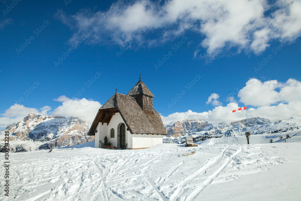 Antonius Kapelle church in sunny day at top of mountain, Italian Dolomites
