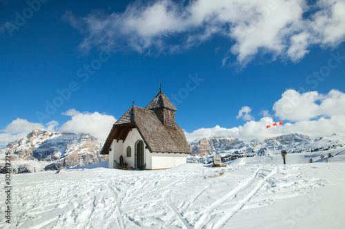Antonius Kapelle church in sunny day at top of mountain, Italian Dolomites