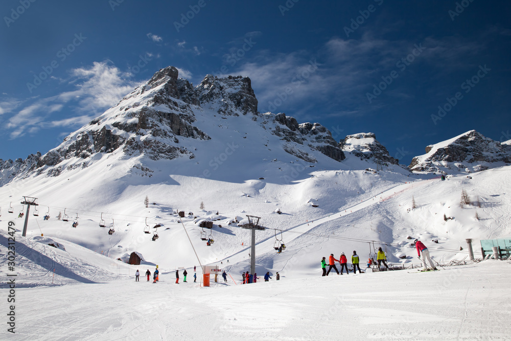 Ski area Arabba in winter, Dolomites mountains