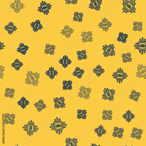 Blue line CPU mining farm icon isolated seamless pattern on yellow background. Bitcoin sign inside processor. Cryptocurrency mining community. Digital money. Vector Illustration