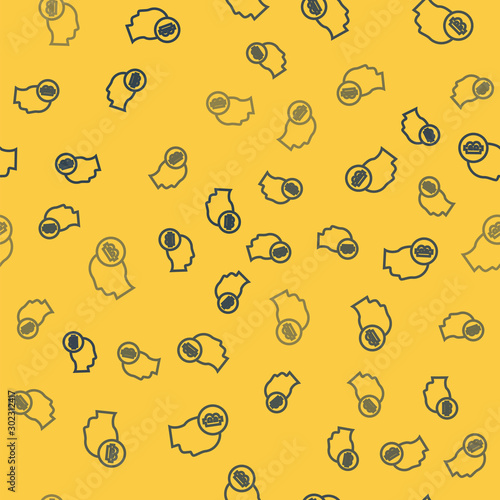 Blue line Bitcoin think icon isolated seamless pattern on yellow background. Cryptocurrency head. Blockchain technology, digital money market, cryptocoin wallet. Vector Illustration