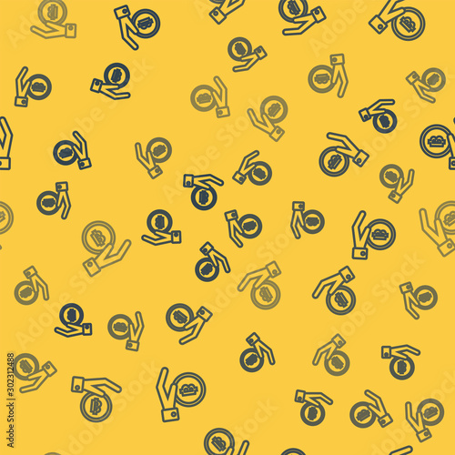Blue line Hand holding Bitcoin icon isolated seamless pattern on yellow background. Blockchain technology, digital money market, cryptocoin wallet. Vector Illustration