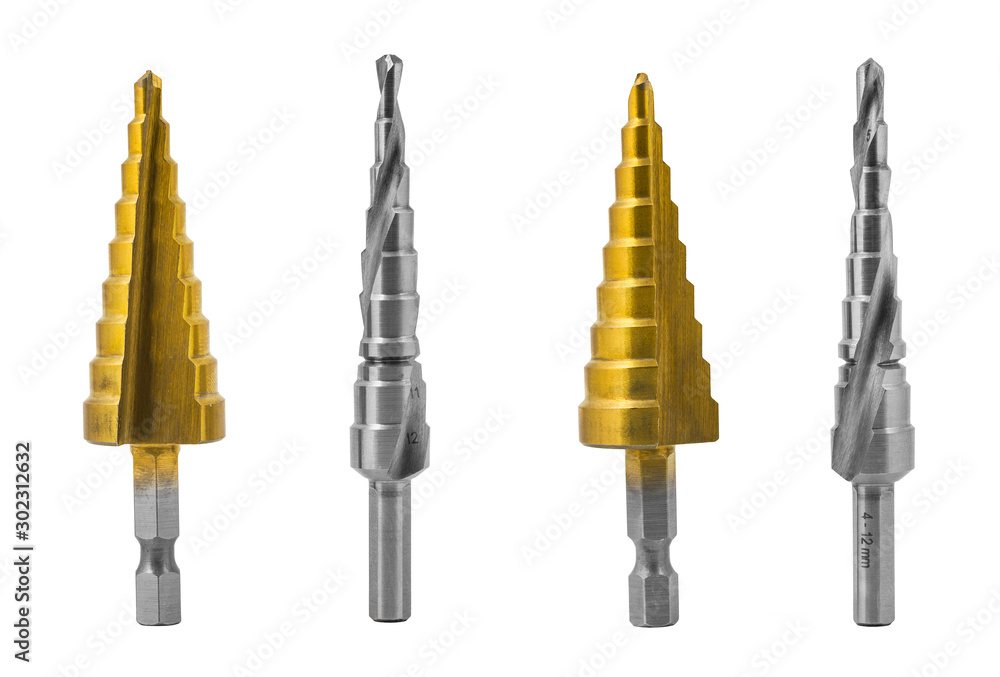 Conical step drill bits set isolated on white background. Silvery steel