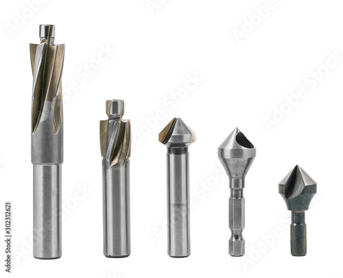 Fotografie Set of counterbores and countersinks isolated on a white background