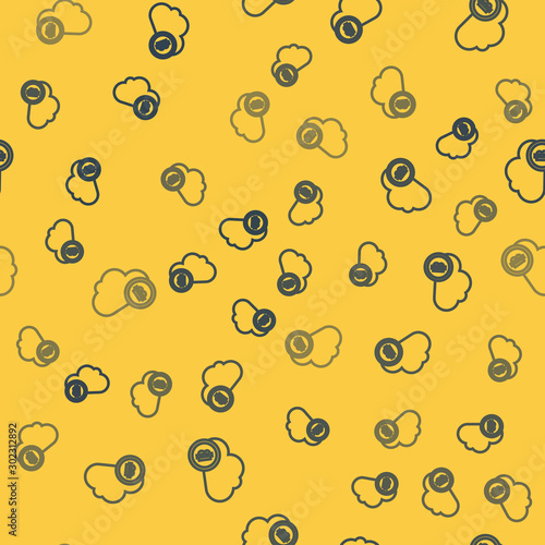 Blue line Cryptocurrency cloud mining icon isolated seamless pattern on yellow background. Blockchain technology, bitcoin, digital money market, cryptocoin wallet. Vector Illustration