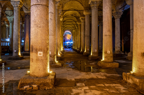 The ancient, underground Roman Basilica Cistern, (Yerebatan), in the historic Sultanahmet district of Istanbul, Turkey