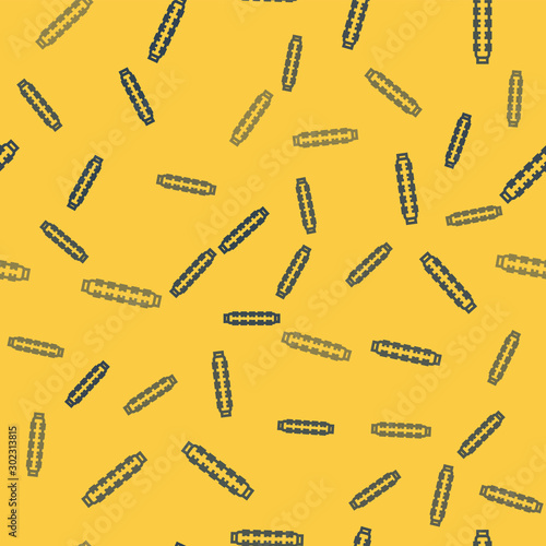 Blue line Hunting cartridge belt with cartridges icon isolated seamless pattern on yellow background. Bandolier sign. Hunter equipment, armament. Vector Illustration