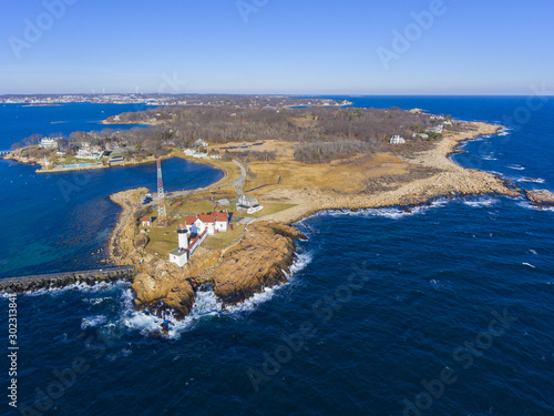 Aerial view of Eastern Point Lighthouse and Gloucester Harbor, Cape Ann, northeastern Massachusetts, USA. This historic lighthouse was built in 1832 on the Gloucester Harbor entrance.