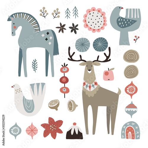 Set of Christmas Scandinavian animals and natural elements. Dala horse, dove birds, Christmas ornametns, flowers, fruit and reindeer. Nordic retro design. Isolated vector illustration objects.