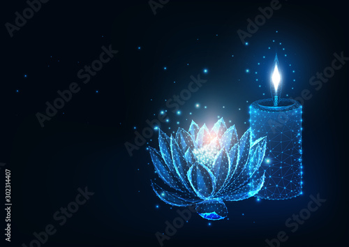Futuristic spa, relaxation concept with glowing low polygonal lotus flower and burning candle