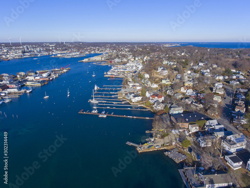 Aerial view of Gloucester City and Gloucester Harbor, Cape Ann, Massachusetts, MA, USA.