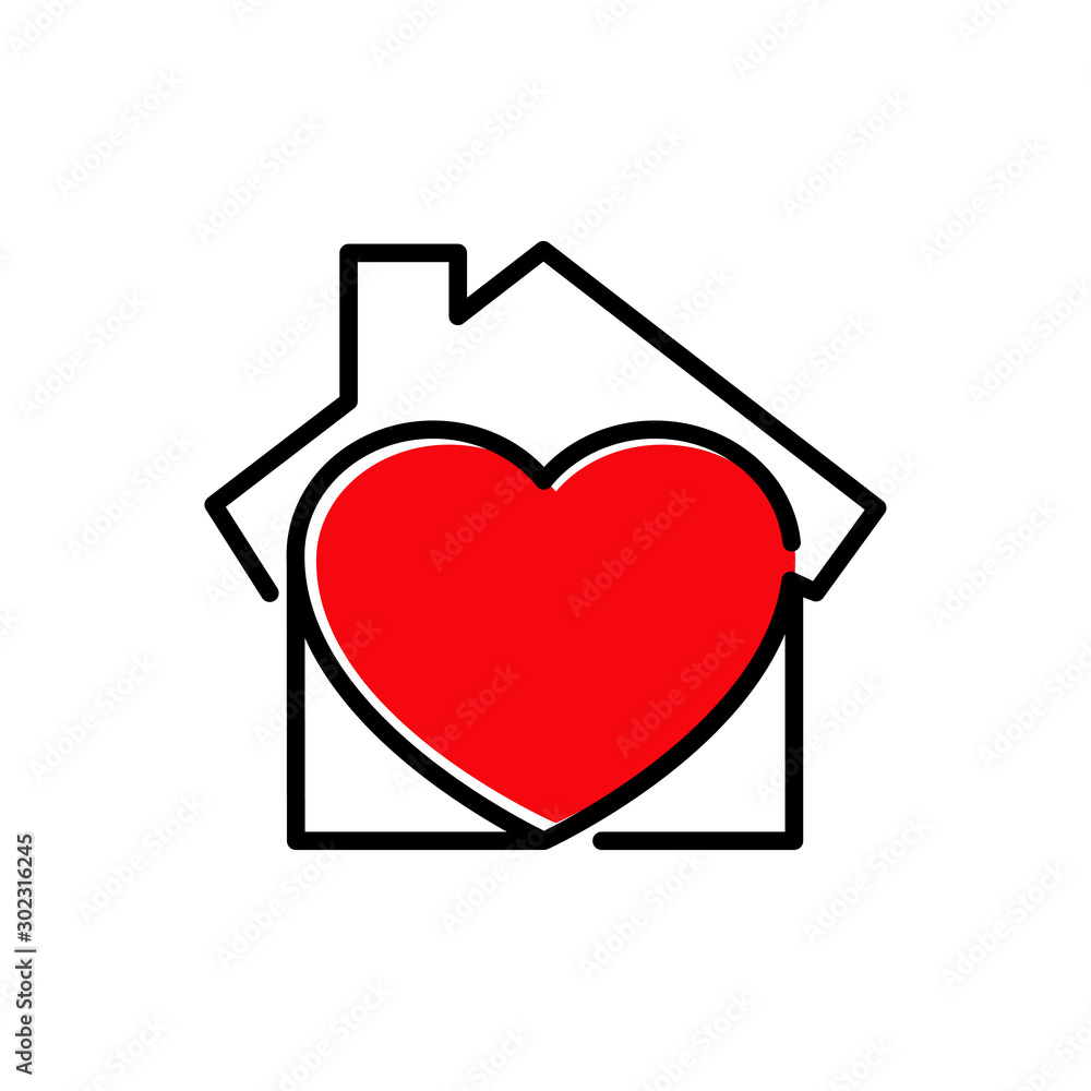 Símbolo agencia inmobiliaria. Icono plano lineal corazón con casa en color rojo Símbolo agencia inmobiliaria. Icono plano lineal corazón con casa en color rojo