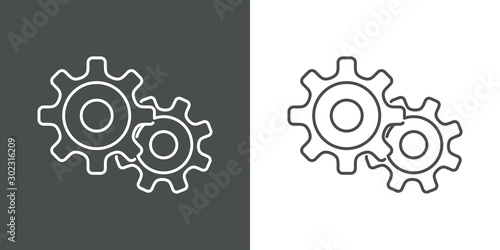 Símbolo configuración. Icono plano lineal 2 engranajes en fondo gris y fondo blanco