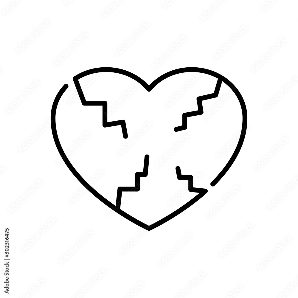 Icono lineal símbolo divorcio con corazón roto en color negro Icono lineal símbolo divorcio con corazón roto en color negro