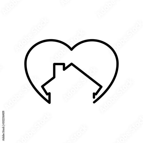 Símbolo agencia inmobiliaria. Icono plano lineal corazón con casa en color negro