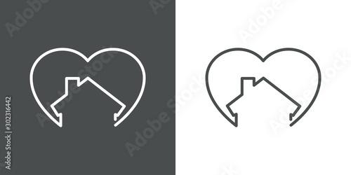 Símbolo agencia inmobiliaria. Icono plano lineal corazón con casa en fondo gris y fondo blanco