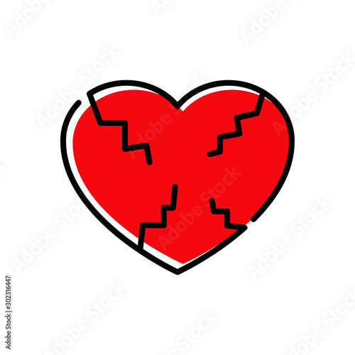 Icono lineal símbolo divorcio con corazón roto en color rojo