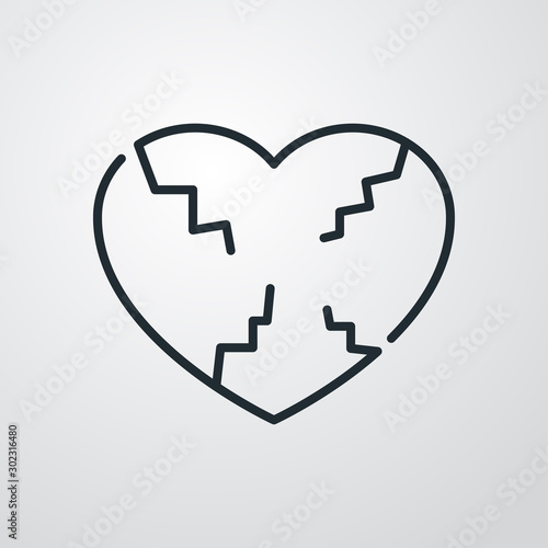 Icono lineal símbolo divorcio con corazón roto en fondo gris