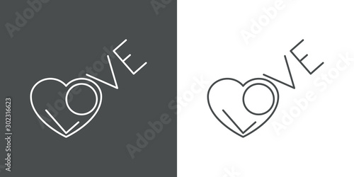 Icono lineal corazón con palabra LOVE en fondo gris y fondo blanco