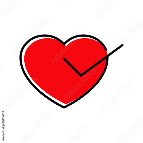 Icono lineal corazón con símbolo de validación con color rojo