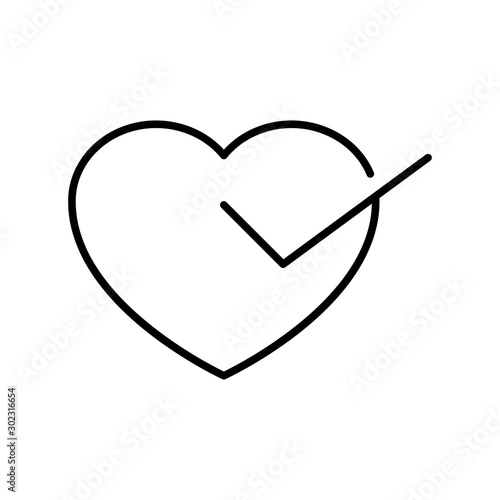Icono lineal corazón con símbolo de validación en color negro