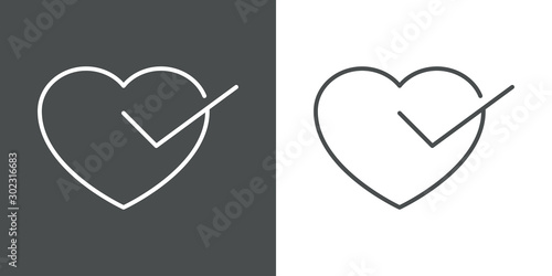 Icono lineal corazón con símbolo de validación en fondo gris y fondo blanco