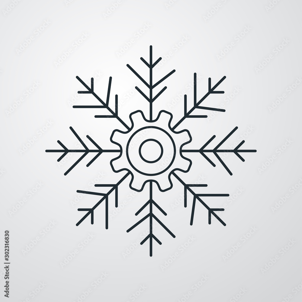 Fototapeta premium Icono plano lineal engranaje como copo de nieve en fondo gris