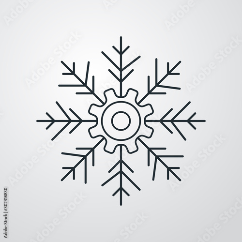 Icono plano lineal engranaje como copo de nieve en fondo gris