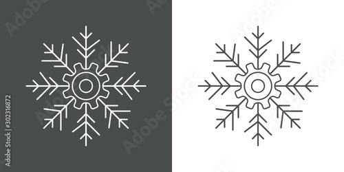 Icono plano lineal engranaje como copo de nieve en fondo gris y fondo blanco