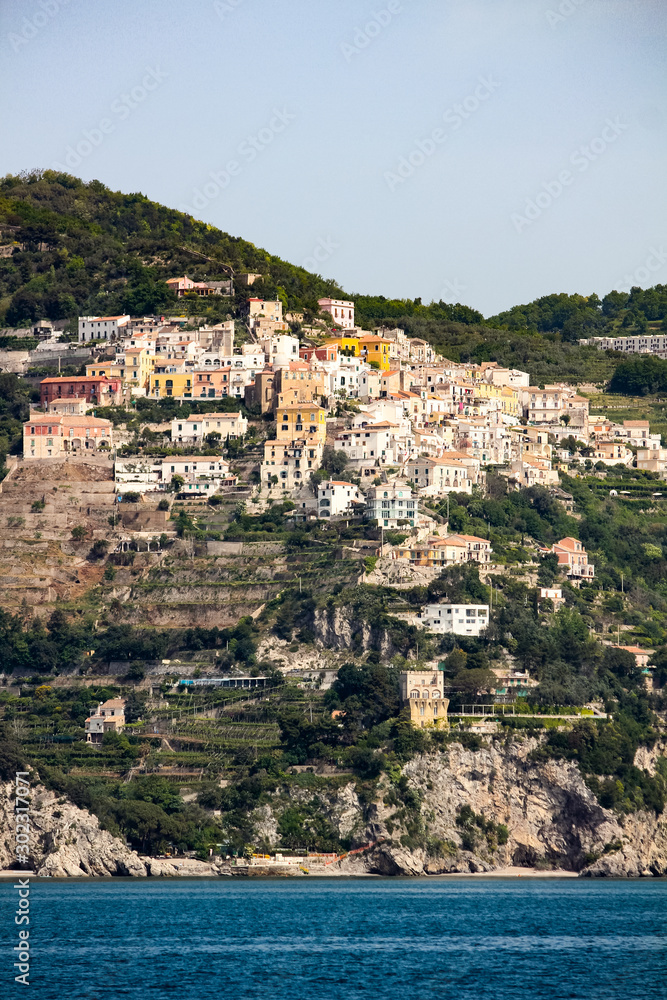 the town of Raito seen from the sea along the Amalfi coast, Salerno, Campania, Italy