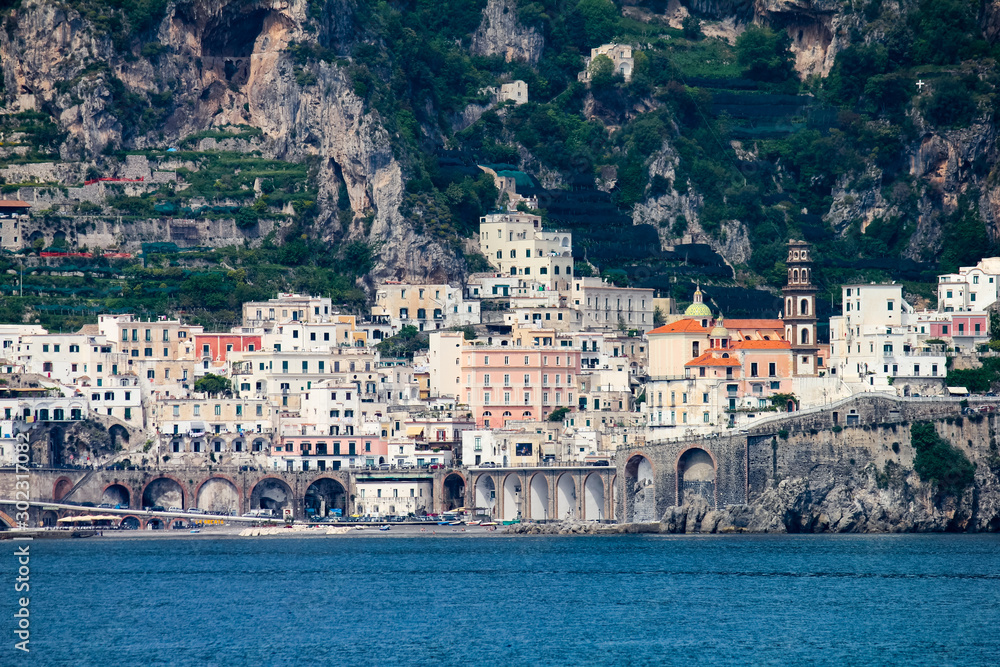 the town of Atrani seen from the sea along the Amalfi coast, Salerno, Campania, Italy
