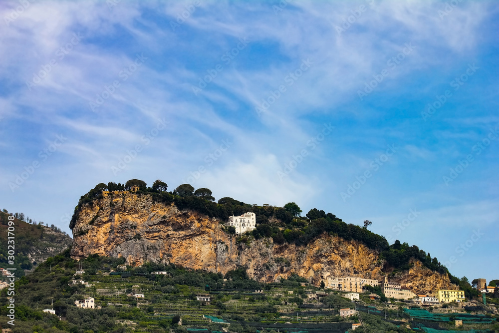 the infinite terrace, panoramic point above a cliff, seen from the sea along the Amalfi coast, Salerno, Campania, Italy