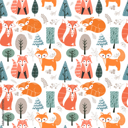 Seamless pattern with foxes and different elements. Illustration hand drawn in scandinavian style