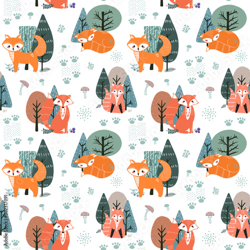 Seamless pattern with foxes and different elements. Illustration hand drawn in scandinavian style