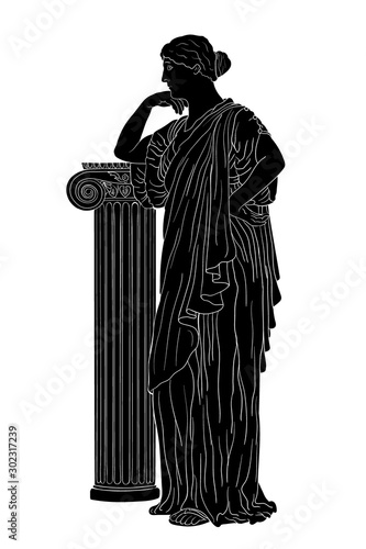 An ancient Greek woman in a tunic stands and leans on a stone pedestal. Vector image isolated on white background.
