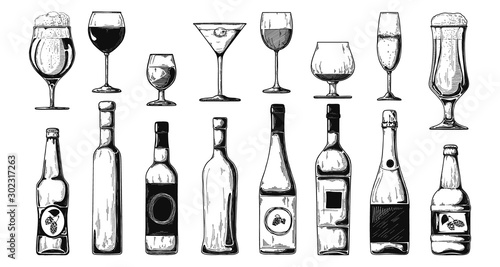 Different bottles with alcohol and different glasses. Vector illustration