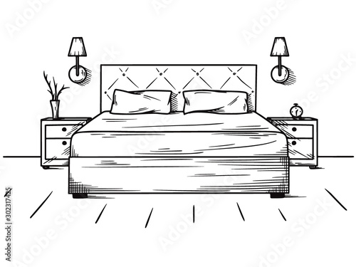 Hand drawn sketch. Linear sketch of an interior. Sketch Line bedrooms. Vector illustration.