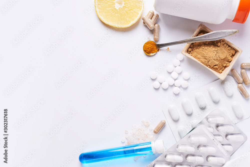 spices, pills, herbs on white background spices, pills, herbs on white background