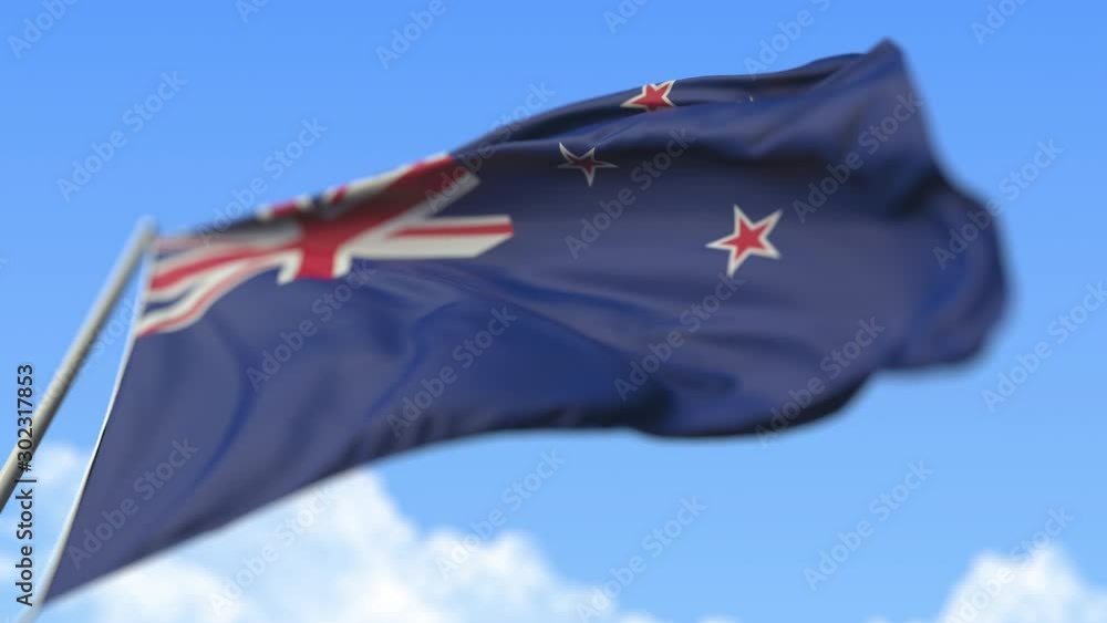 Waving national flag of New Zealand, low angle view. Loopable realistic slow motion 3D animation