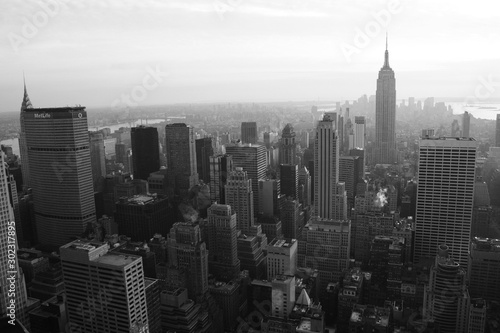 classic elevated view of manhattan in black and white