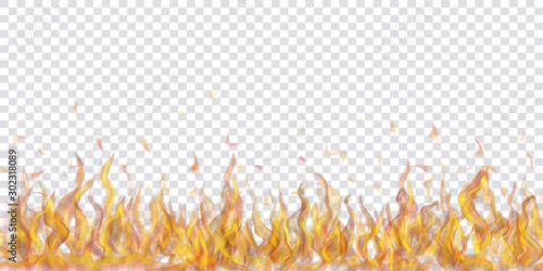 Translucent fire flames and sparks with horizontal repetition on transparent background. For used on light illustrations. Transparency only in vector format