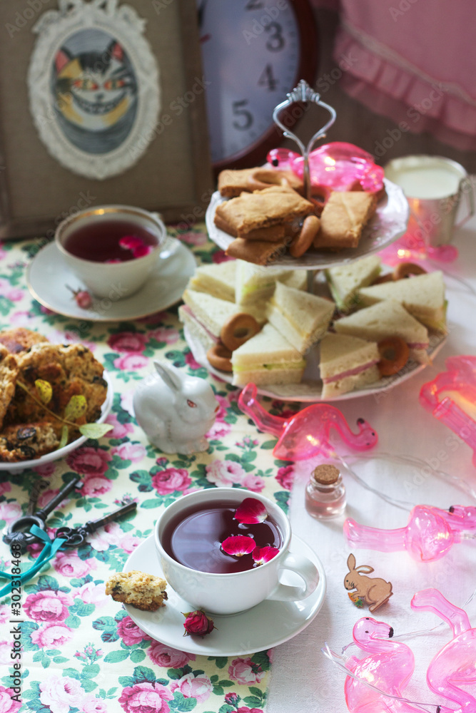 Traditional English tea party in a fabulous decoration. Rustic style.
