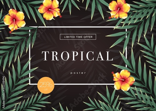 Bright tropical background with jungle plants. Exotic pattern with tropical leaves