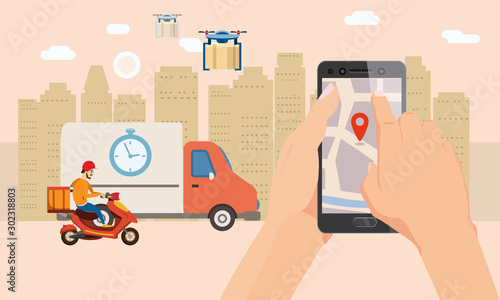 Delivery truck dron scooter service. Hand hold smartphone application for parcel shipment tracking map